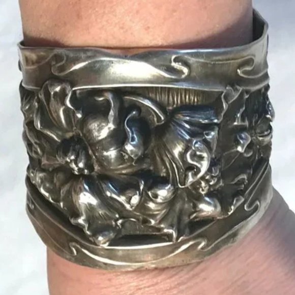 Antique Art Nouveau Sterling Cuff Bracelet Floral 925 Victorian Wide Bouquet - Picture 1 of 7